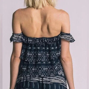 MISA Los Angeles Kaia off shoulder Crop Top Blouse shirt Ruffled tiered Navy S